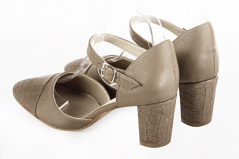Bronze beige women's open side shoes, with an instep strap. Round toe. Medium block heels. Rear view - Florence KOOIJMAN